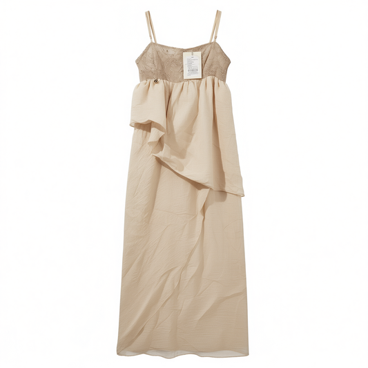 [827]NM  Lace bead embellished asymmetrical bias-cut strapless dress with a draped skirt