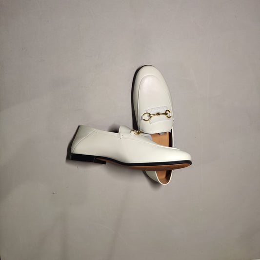 [442]GG    Women's white bit-strap loafers, high-end feel, slip-on flat shoes