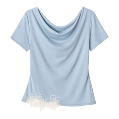 [367]MS Lu Xiangnan "Milk Blue Puff" Blue Loose T-shirt Summer New Arrival Designer-style Collar Women's Top