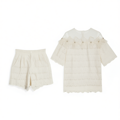 [838]N Leathercat Super Stylish Summer Two-Piece Set for Women 2025 Fashionable Age-Reducing Lace Short Sleeve Top and Shorts