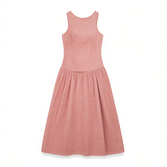 [874]NN Gardenia Women's Summer Korean-Style Red Checkered Round Neck Dress with Tailored Waist and Slimming Effect Long Dress