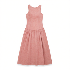 [874]NN Gardenia Women's Summer Korean-Style Red Checkered Round Neck Dress with Tailored Waist and Slimming Effect Long Dress