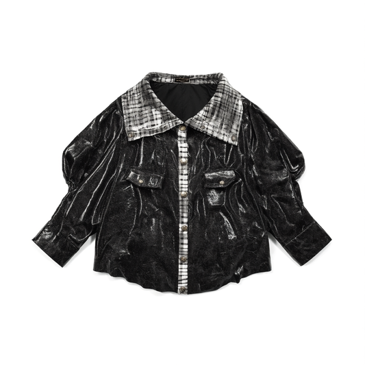 [335]GM   Fashionable Street Plaid Deconstructed Cinched Reversible Leather Long Sleeve Hoodie Jacket