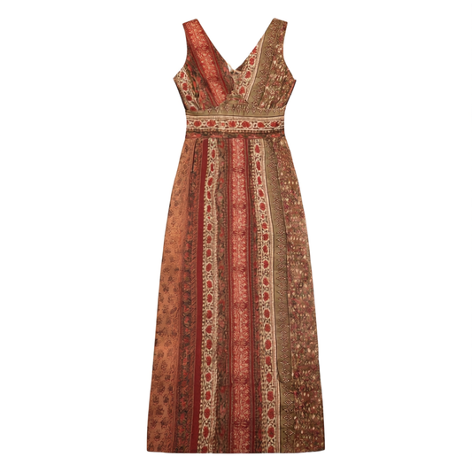 [810]GG       Ramie and Tencel V-Neck Vintage-Inspired Printed Straight Dress for Travel