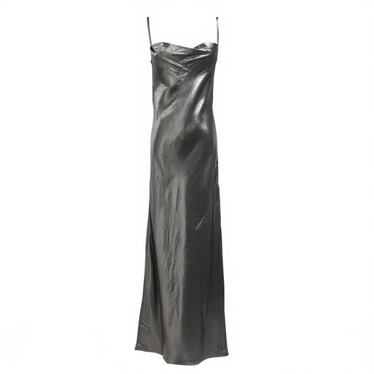 [425]GG    Satin Diagonal Cut French Strap Dress with Acetate Gold Foil Embossed on the Collar and Large Hollow Out Flowing Neckline