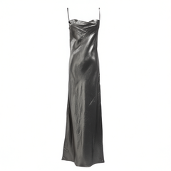 [425]GG    Satin Diagonal Cut French Strap Dress with Acetate Gold Foil Embossed on the Collar and Large Hollow Out Flowing Neckline
