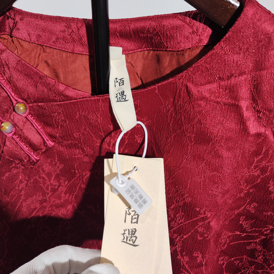 [537]N [Party Price] Moyu 2024 Spring New Arrival, Chinese Style Guochao Retro Improved Floral Brocade Satin Tea Dress, Chinese Red Tang Suit Top