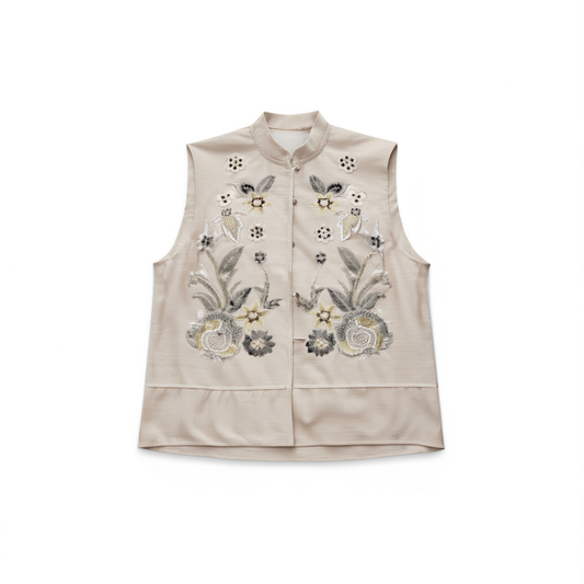 [845]GG      silk linen sequin embroidered New Chinese style vest women's spring and summer national style trendy temperament stand-up collar shoulder cape
