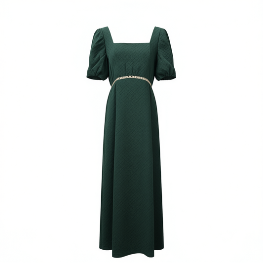 [344]GG     Vintage Dark Green Square Neck Dress with Pockets, Plus Size