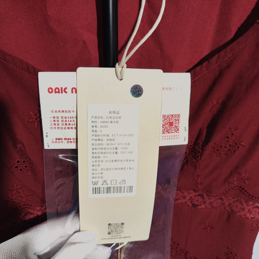 [564] OAKMOO "The Sound of Falling Flowers" 100% Cotton Bohemian-Style Salsa Raspberry Red Vacation Tea Dress