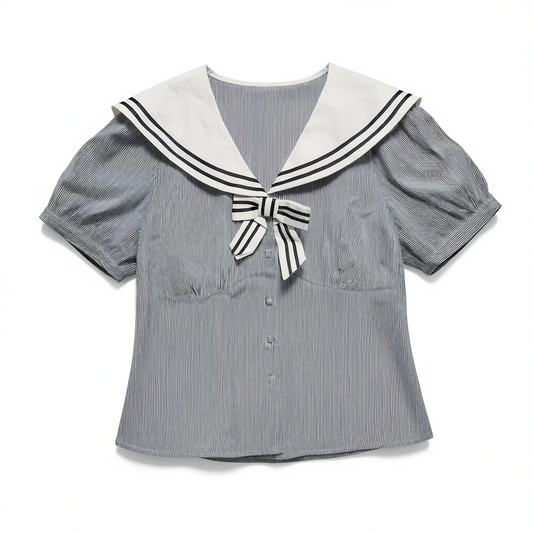 [834]N XINYI [Sailor Sweetheart] Women's Summer Navy Collar Shirt + Slimming Skirt Two-Piece Set