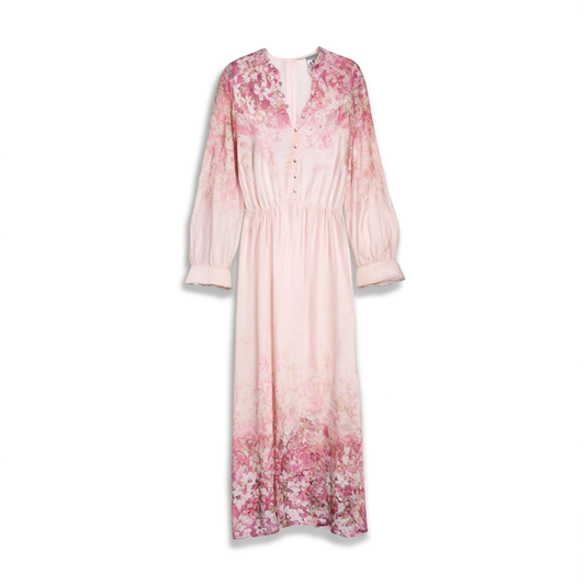 [909]GM    New Light Autumn Chiffon Pink Dress Shirt Robe Plus Size Linen Floral Long Dress for Women