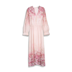 [909]GM    New Light Autumn Chiffon Pink Dress Shirt Robe Plus Size Linen Floral Long Dress for Women