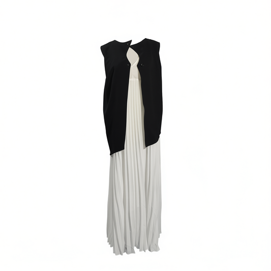[003]GG     High-end Relaxed Sleeveless Pleated Skirt with Splicing Design Minimalist Color-block Dress