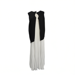 [003]GG     High-end Relaxed Sleeveless Pleated Skirt with Splicing Design Minimalist Color-block Dress