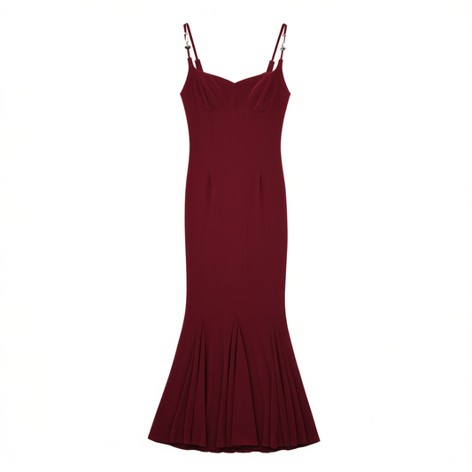 [990]N Well done, night and day blooming flowers. Lotus fish tail dress. Red knitted strap dress. Female evening gown