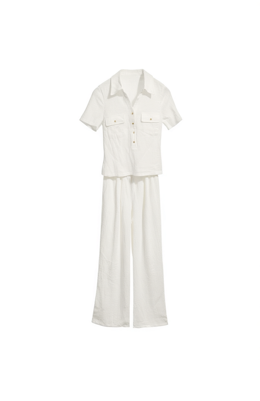 [389]MM   Korean-imported warp-and-weft textured pleated short-sleeve V-neck T-shirt / long pants