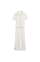 [389]MM   Korean-imported warp-and-weft textured pleated short-sleeve V-neck T-shirt / long pants