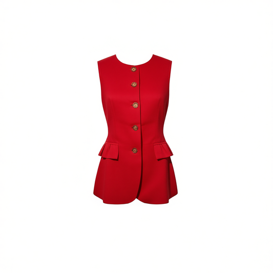 [443]GG     French Vintage Old Money Style Imported Linen Sleeveless Round-Neck Tailored Vest Red Waistcoat