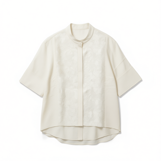 [866]NM New Chinese Style, Heavy-Work Relief Jacquard, White Mid-Sleeve Mulberry Silk Shirt for Women, Loose Fit