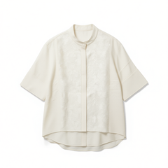 [866]NM New Chinese Style, Heavy-Work Relief Jacquard, White Mid-Sleeve Mulberry Silk Shirt for Women, Loose Fit