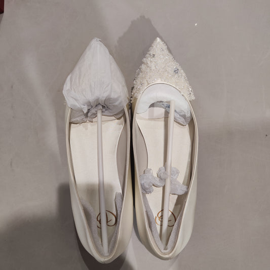 [735]NM   Wedding Shoes for Women, White Bride's Dress High Heels with Crystal Details, Open-Toe Style