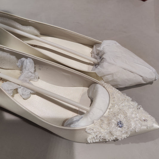 [735]NM   Wedding Shoes for Women, White Bride's Dress High Heels with Crystal Details, Open-Toe Style