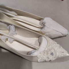 [735]N Monobabie Wedding Shoes for Women, White Bride's Dress High Heels with Crystal Details, Open-Toe Style