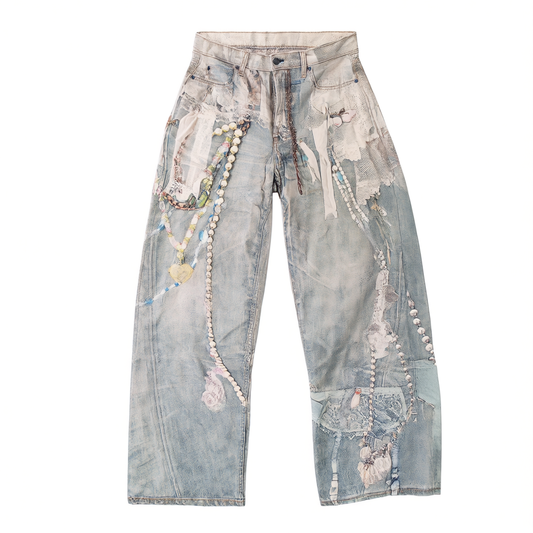 [287]GG     High-End AC Lace Print 3D Chain  Jeans for Girls