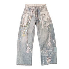 [287]G     HALFMOOD 25SS High-End AC Lace Print 3D Chain 3D IDOL CHEER Loose Straight Jeans for Girls