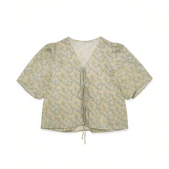 [327]N Women's Summer Fashion Loose Casual Tie-front Shirt with V-neck Floral Print, Made from 100% Cotton Imported from British Liberty