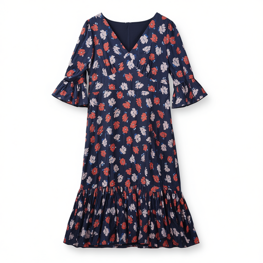 [564]NM  Roman vacation style V-neck five-quarter sleeve ruffle waist flower female collection dress