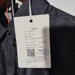[583]G    EMPTY PAGE denim-colored summer lightweight mid-sleeve slim-fit shirt, blue, slightly stretchy, flattering, front-long back-short design