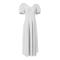 [692]GG     Solid Color High Waist V-Neck Puff Sleeve Waist-Cinching Slimming Mid-Length Short Sleeve Dress for Women