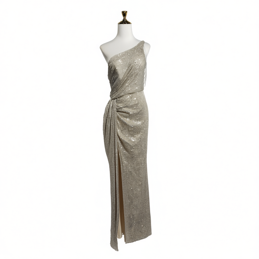[331]NG     Exquisite Heavy-Duty Silver Evening Gown for Women High-End Sense Host Banquet Temperament One-Shoulder Sexy Mermaid Dress
