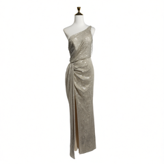 [331]N Exquisite Heavy-Duty Silver Evening Gown for Women High-End Sense Host Banquet Temperament One-Shoulder Sexy Mermaid Dress
