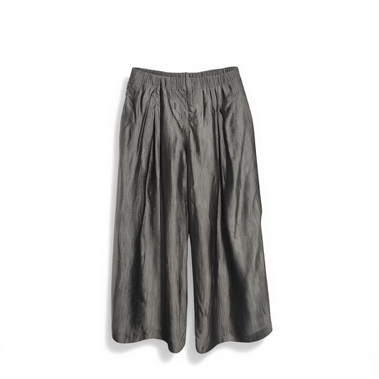 [600] CHALAMON Women's High-Waisted Loose Wide-Leg Pants in Acetate with 3D Pleated Textured Design, Casual Long Trousers