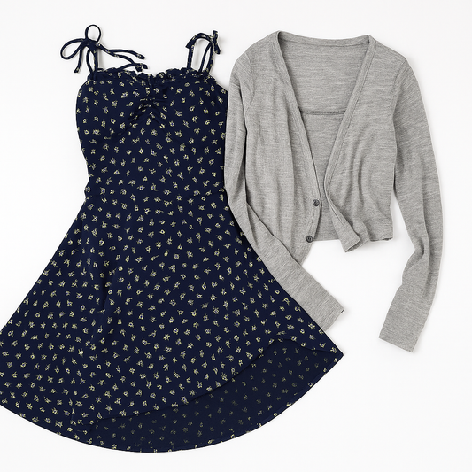 [399]GS   Zhai Zhai athome//Mu Shi Hua Qi ~ Navy Blue Small Flower Lace Strapless Dress Sun Protection Long Sleeve Cardigan Set