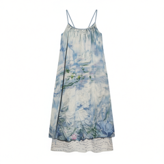 [495]G      Sanliangshi Blue Camisole Dress Summer Beach Vacation Printed Chiffon Long Skirt with Bioluminescent Sea Coral Pattern
