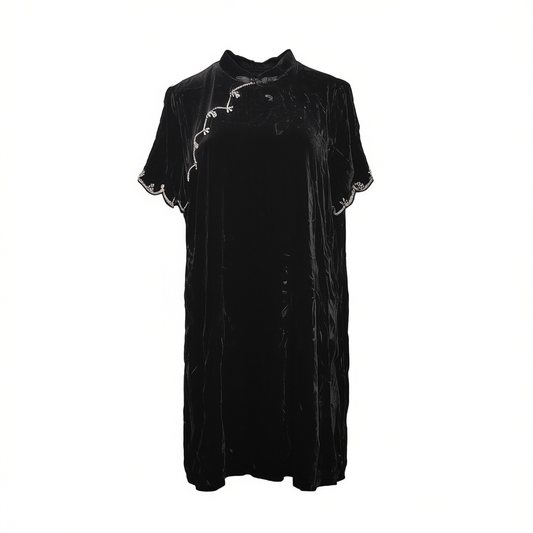 [921]GG      New Chinese Style 100% Mulberry Silk Heavyweight Beaded Velvet Cheongsam Dress, Elegant and Trendy Dress