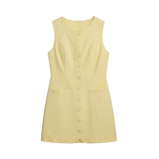 [206] Australian niche design, French retro old money style, solid color linen round-neck sleeveless single-breasted dress short dress for women