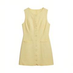 [206] Australian niche design, French retro old money style, solid color linen round-neck sleeveless single-breasted dress short dress for women