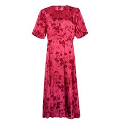 [429]NM  Pure Original Summer New Elegant Temperament Satin Red Print Round Neck Short Sleeve Dress