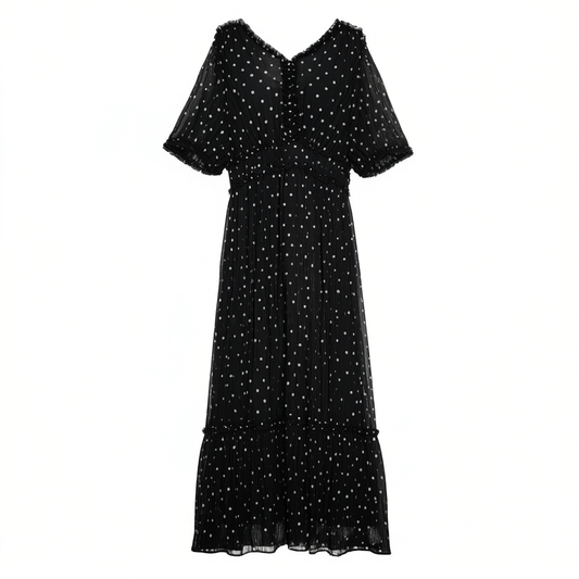 [685]NM  Pure Original Retro V-neck Waist-Cinching Slim-Fitting Black Polka Dot Dress