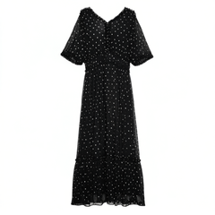 [685]NM  Pure Original Retro V-neck Waist-Cinching Slim-Fitting Black Polka Dot Dress