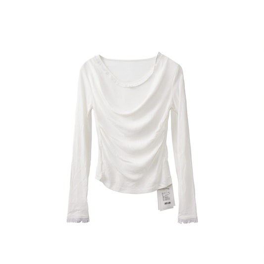 [981]GG    Flowing Neckline with Vein Details, Pale Glaze Color, Mulberry Silk and Lyocell Flowing Neckline Tassel Knitwear