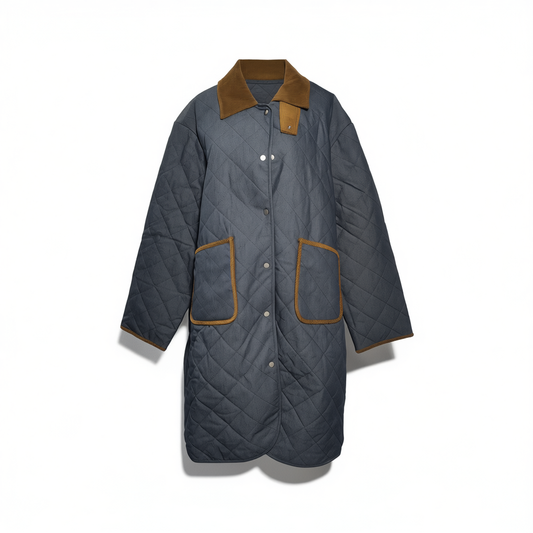 [713]GG      Multi-layer 3M Cotton Corduroy Collar Diamond Quilted Long Winter Jacket for Women - Denim Blue