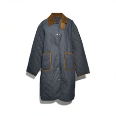 [713]G    Dotdrobe Multi-layer 3M Cotton Corduroy Collar Diamond Quilted Long Winter Jacket for Women - Denim Blue