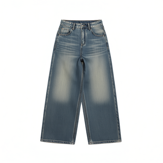 [541]GM    Women's Blue Wide-Leg Vintage Jeans  Drape-Slim Fit Loose Straight Floor-Length Pants