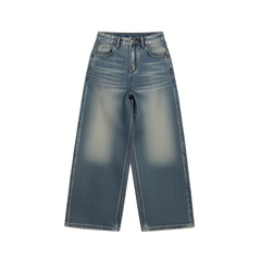 [541]G    WFYO Women's Blue Wide-Leg Vintage Jeans  Drape-Slim Fit Loose Straight Floor-Length Pants